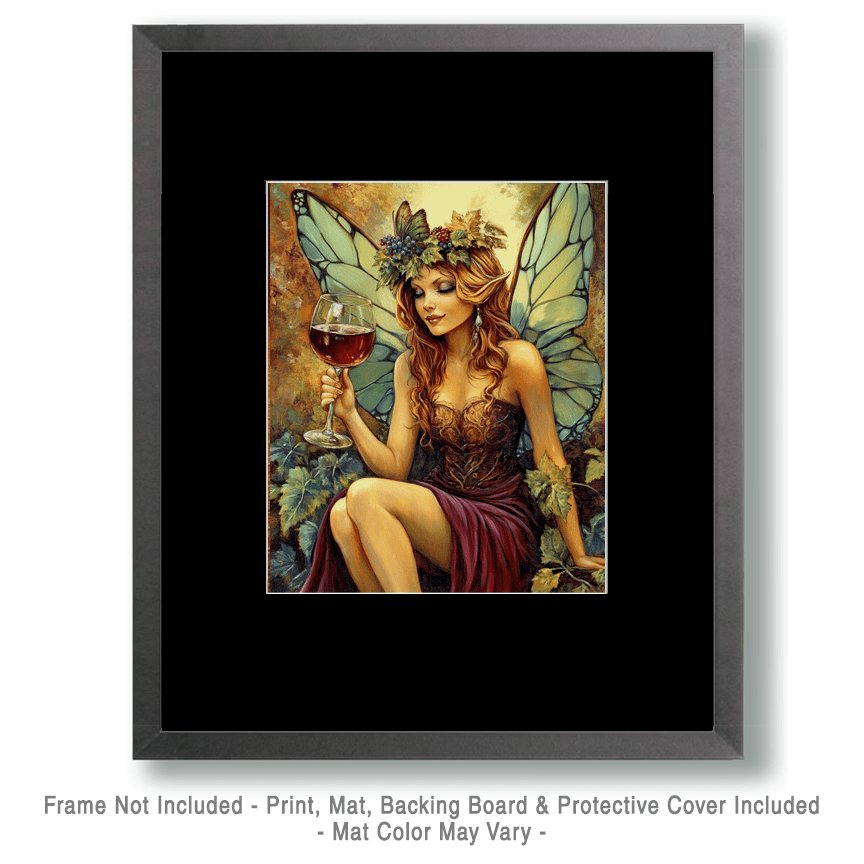 Mowbi - Fairy Enjoying a Glass of Vino - Wine Wall Art Prints – 8″x10″ Artwork for 11″x14″ Frame