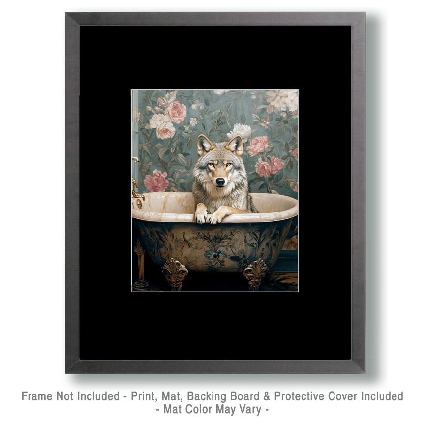 Mowbi - Wolf in Bathtub - Anthropomorphic Animal Art Prints – 8″x10″ Artwork for 11″x14″ Frame