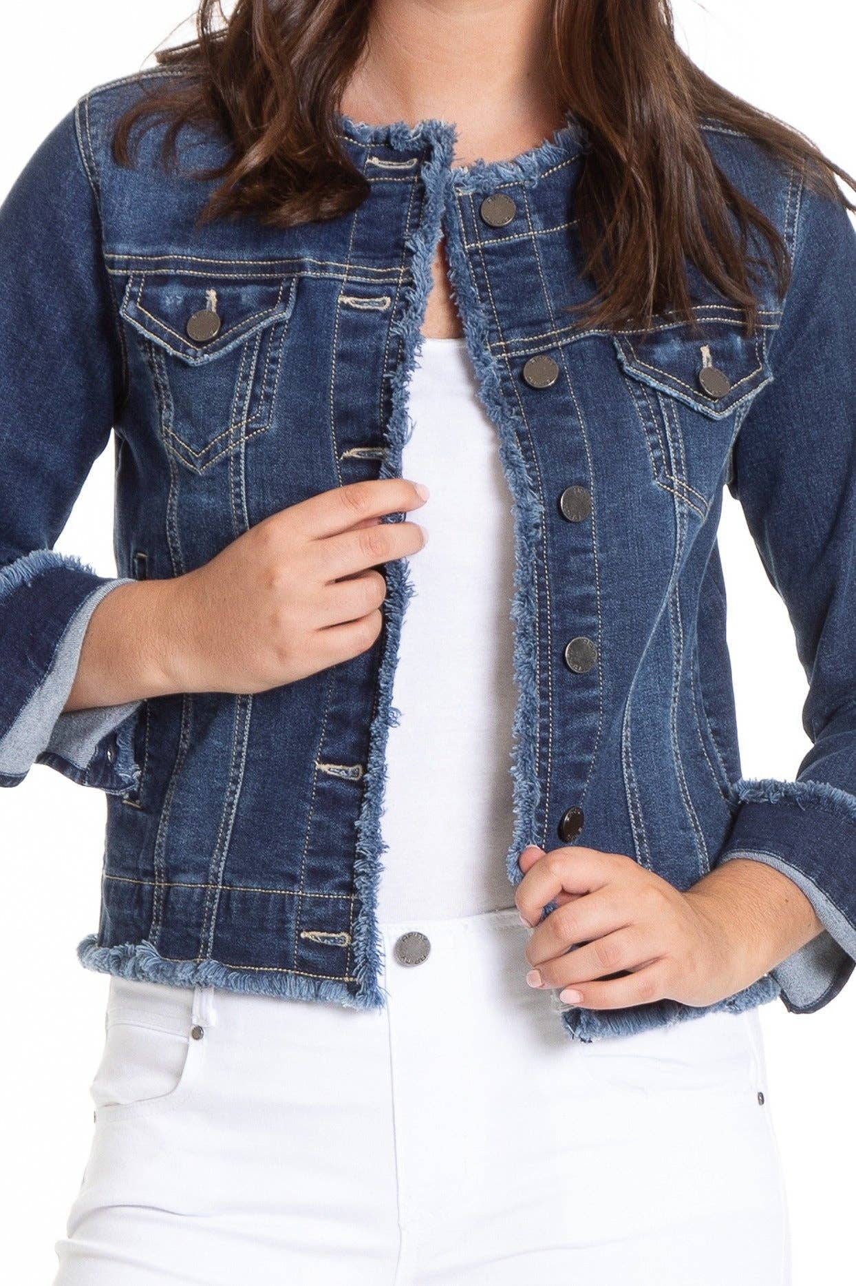 APNY - Collarless Jean Jacket With Frayed Detail: INDIGO / L