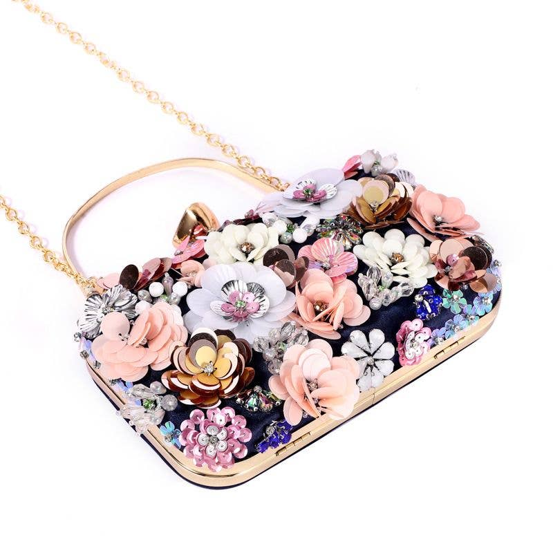 PEACH ACCESSORIES - K020 Floral Embellished Clutch Bag: Navy