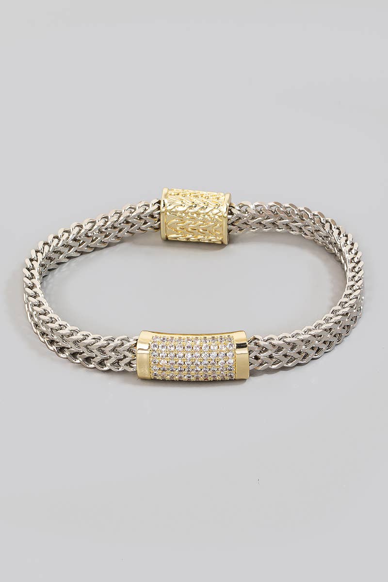 The Looks by Fame Accessories - Cz Pave Bar 2 Tone Layered Chains Magnetic Bracelet: T