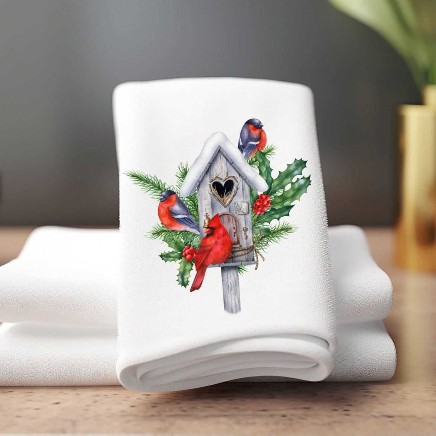 Fernville Creations - Winter Birds Christmas Holiday Elegant Hand Towel