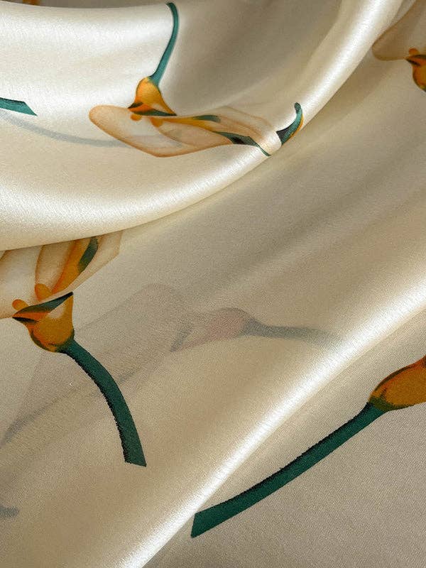 UZ Wholesale Store - Silk Imitation Flower Print Scarf: BEIGE / One_size