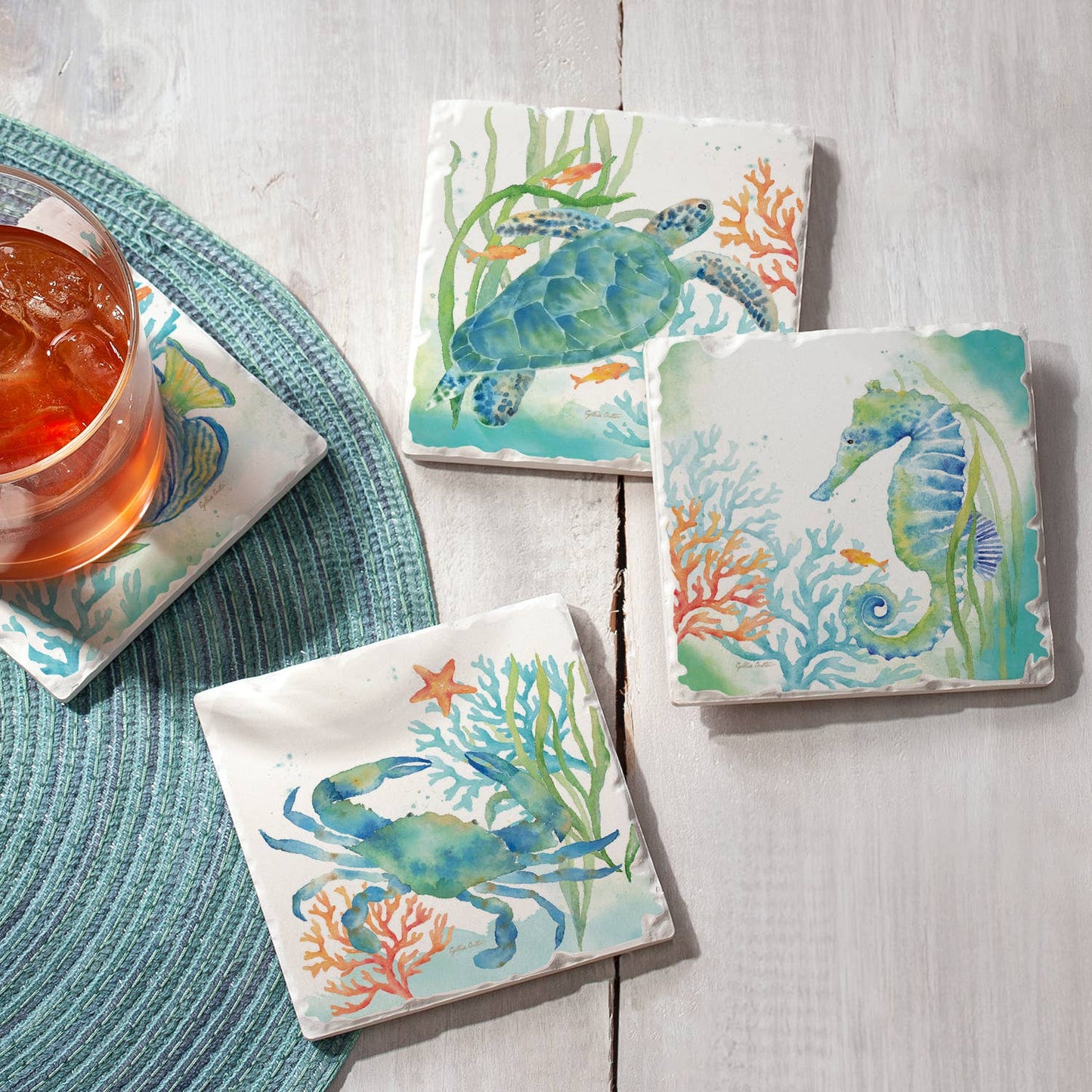 CounterArt/Highland Home/Thirstystone - Sea Life Serenade Assorted Image Tumbled Tile Coaster 4 Pack