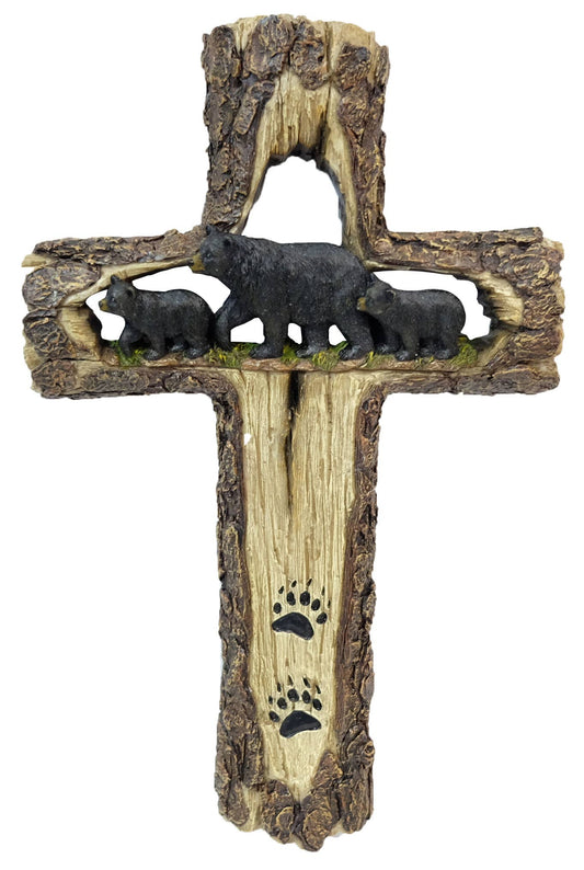 De Leon Collections - Polyresin Bark Cross Three Black Bear Accent Cross Décor