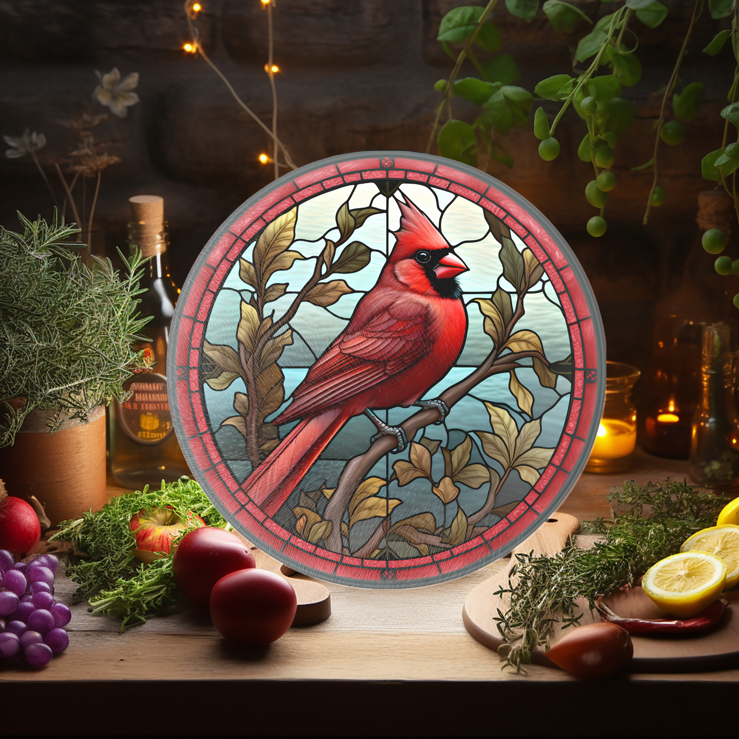 Fernville Creations - Glass Cardinals Cutting & Serving Board, Charcuterie Tray: 12 - Inch