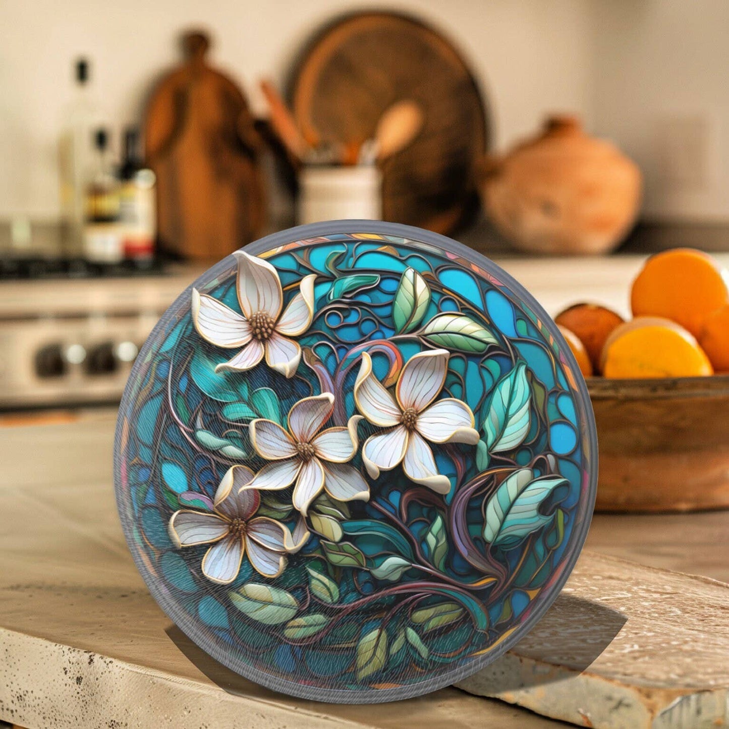 Fernville Creations - Magnolia Glass Cutting/Charcuterie Board & Kitchen Trivet: 12 Inch