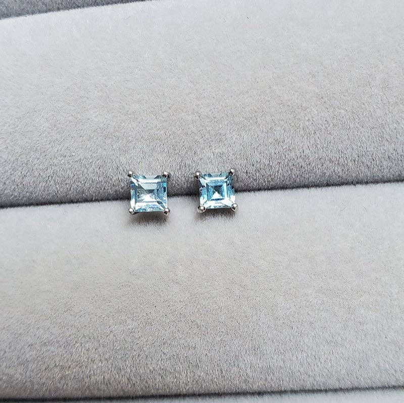 Haengseongworkshop - S925 Light Blue Topaz 4x4mm Princess Cut Earrings