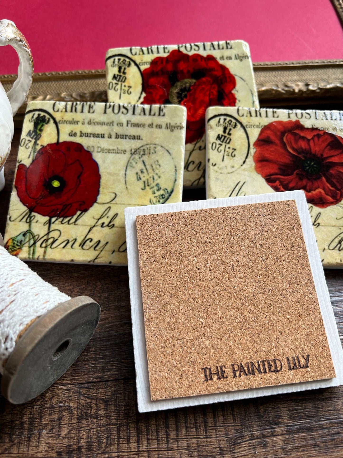 The Painted Lily - Red Poppies stone coasters - case of 4