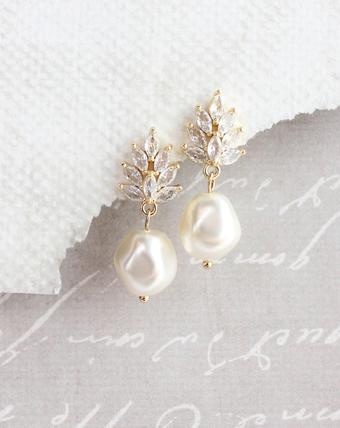 A Pocket of Posies - Glass Leaf Post Earrings | Baroque Pearl | Gold or Silver: Gold Plated