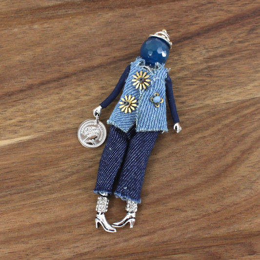 Pretty Persuasions - B24109B Stone Adorned French Doll Stainless Steel Brooch: 01 SL/Denim Star Suit