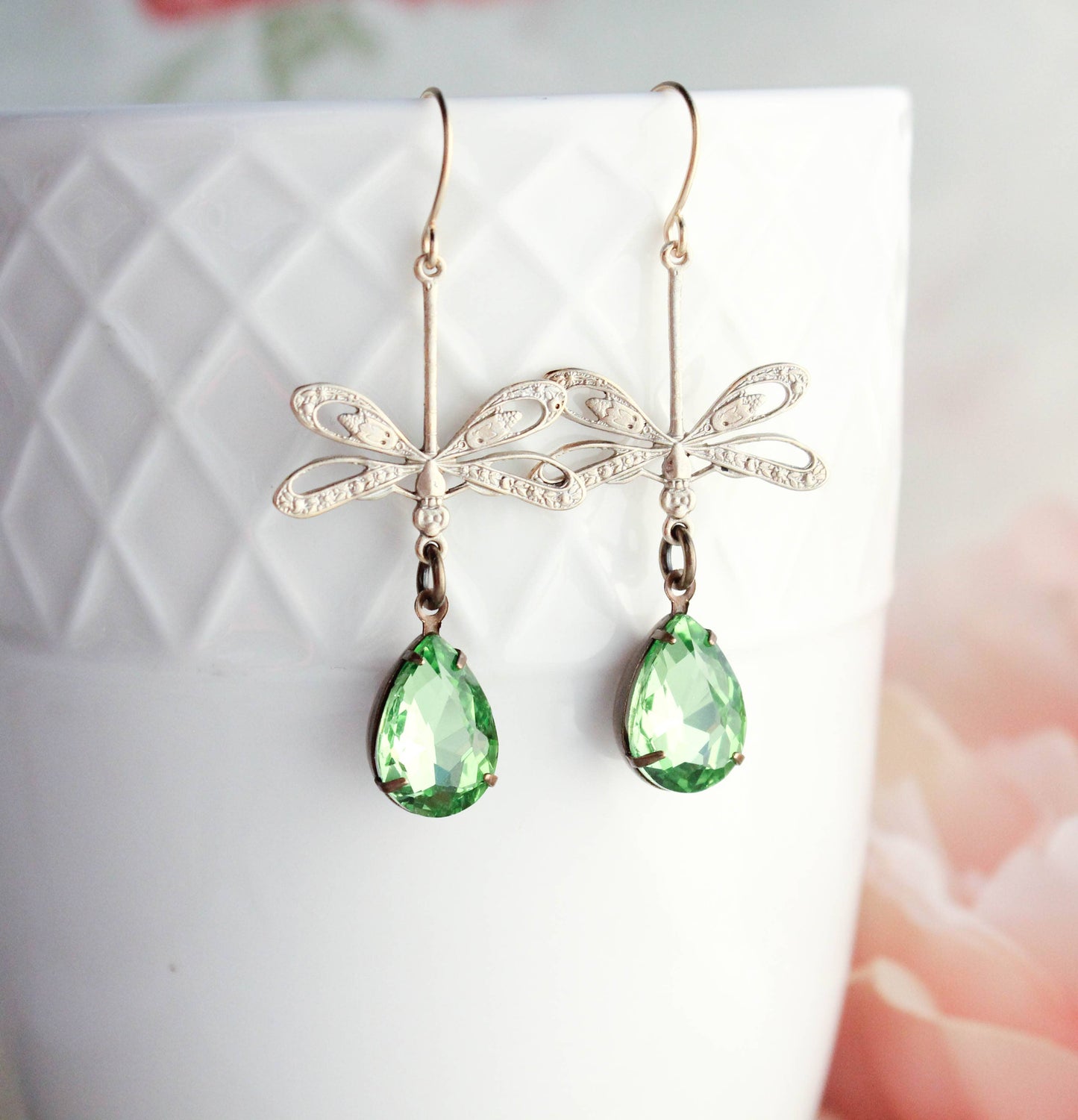A Pocket of Posies - Dragonfly Earrings - Gold Patina and Green Glass