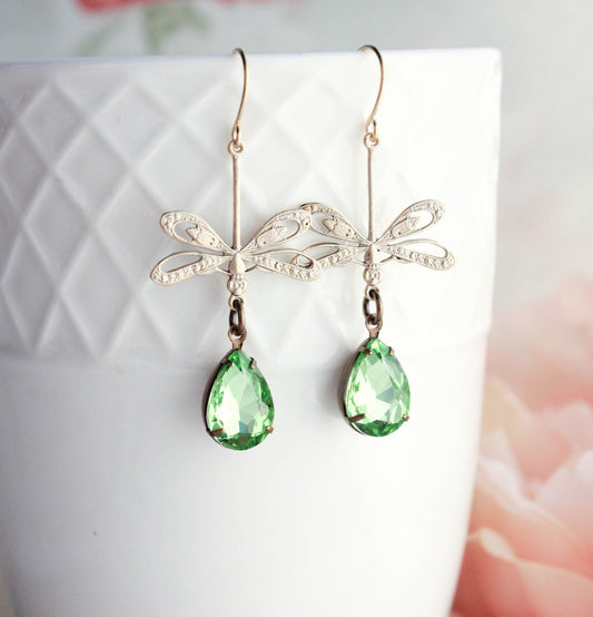 A Pocket of Posies - Dragonfly Earrings - Gold Patina and Green Glass