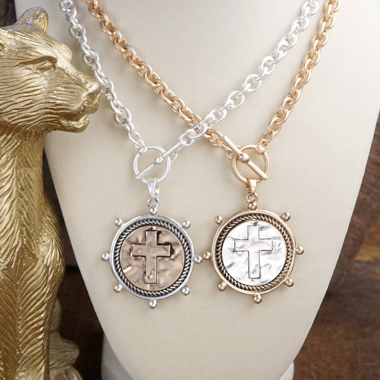 PennyLine inc - Divine Duo – Two-Tone Cross Coin Stud Earrings: Gold Frame-Silver Coin