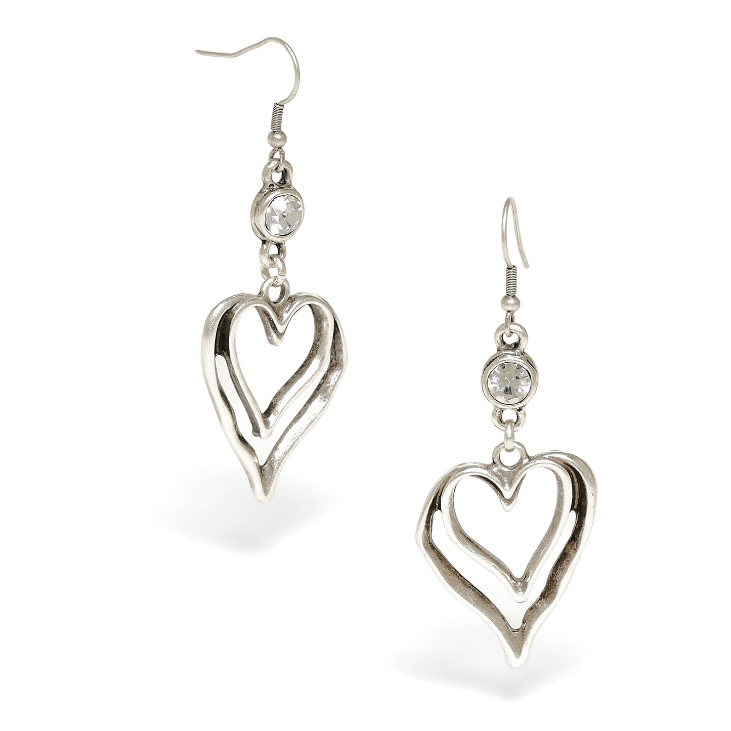 Chanour - Handmade Heart Clear Crystal Pewter Earrings - 1955
