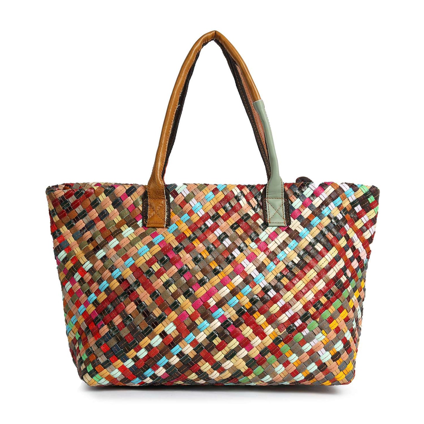 Handbag Express - Genuine Leather Woven Large Tote Handbag: Multi