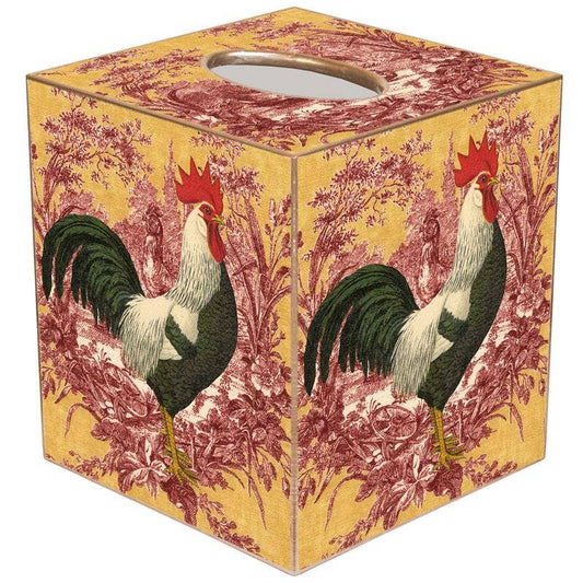 Marye-Kelley - RR Rooster on Red and Gold Toile Tissue Box Cover: Paper Mache