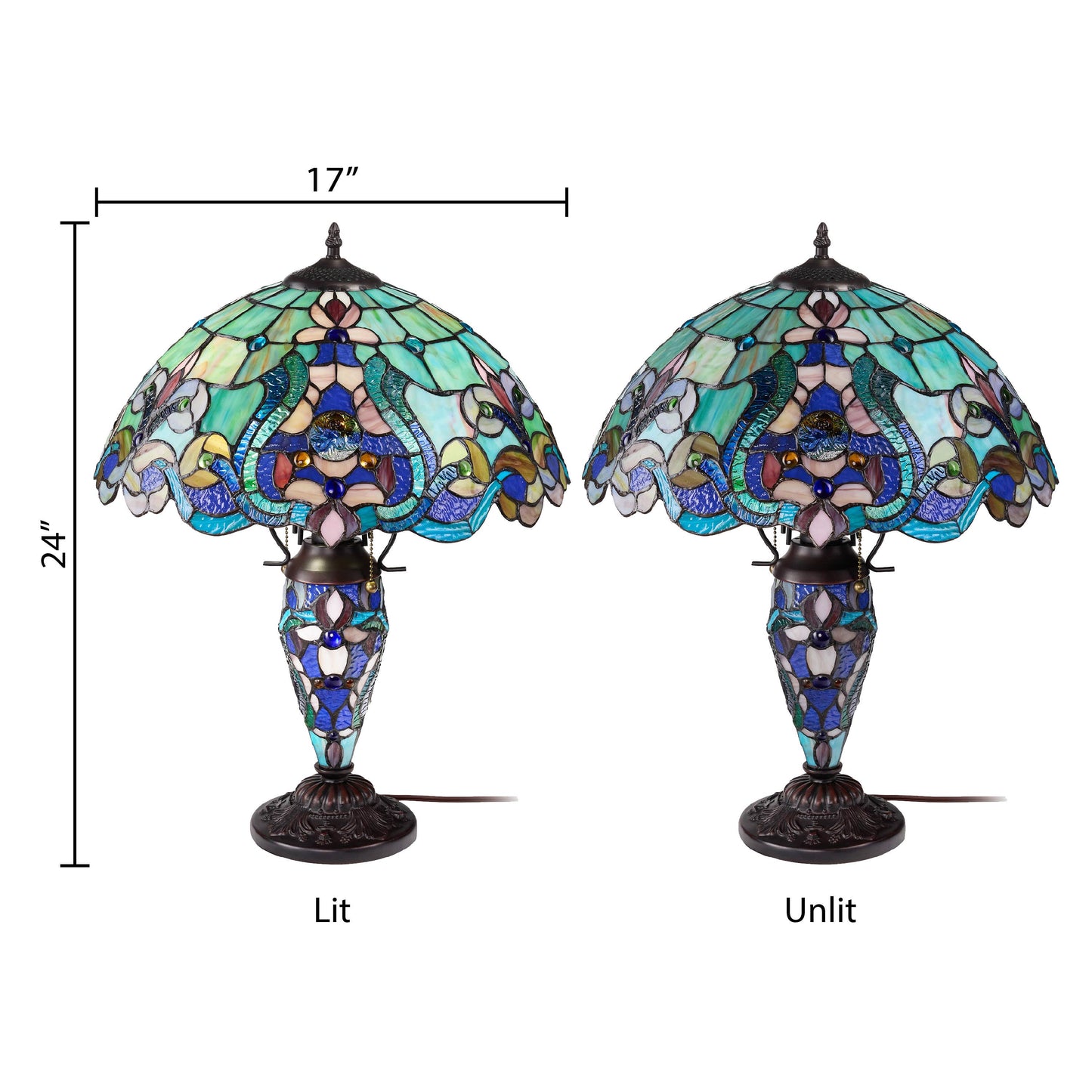 River of Goods - 24"H Double Lit Teal Tiffany Style Stained Glass Table Lamp