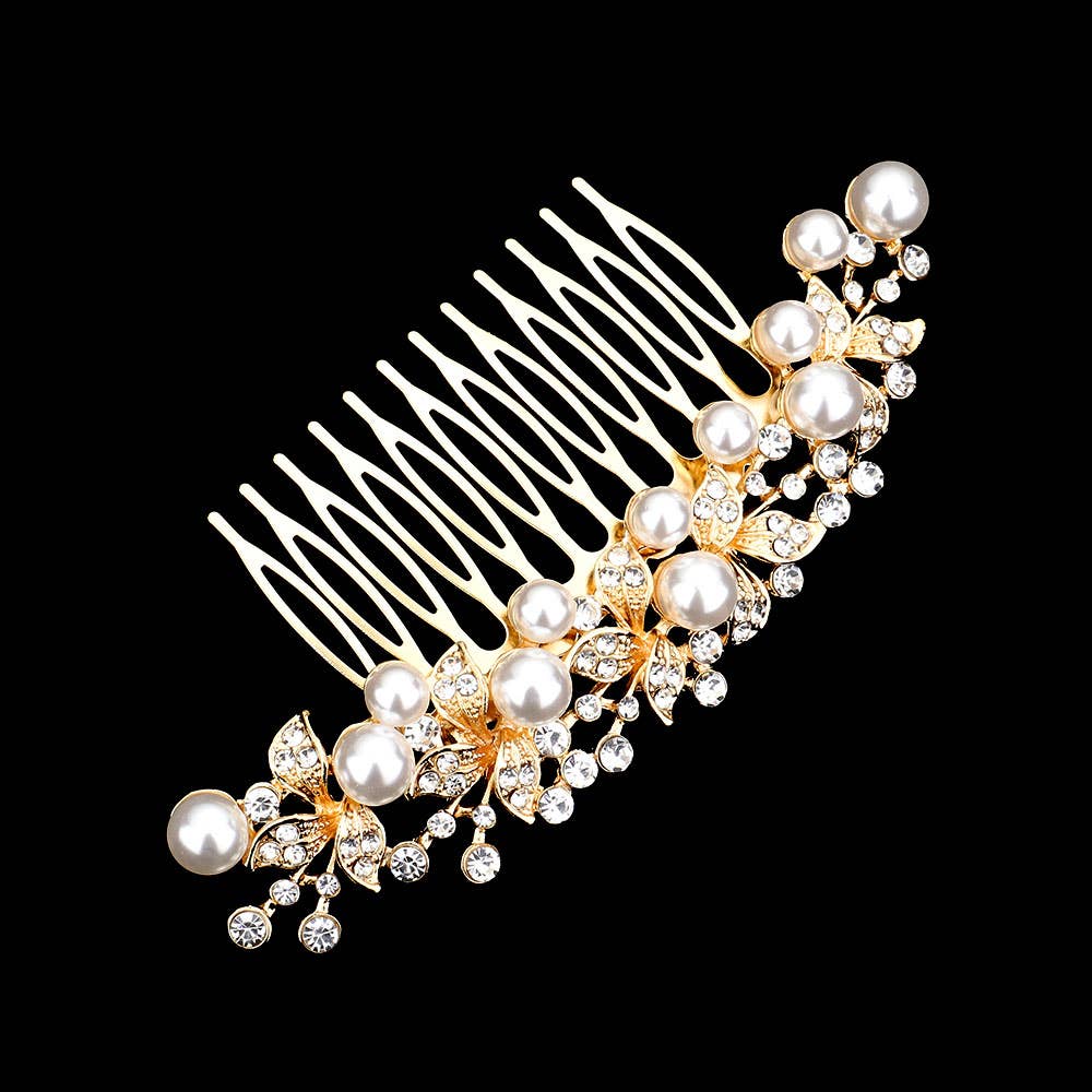 Sensibling Corp. - Pearl Accented Leaf Cluster Hair Comb: Rose Gold