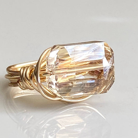 Marble Designs Jewelry - Crystal Gold Ring Champagne Rectangle Wire Wrapped: 6 / Blue