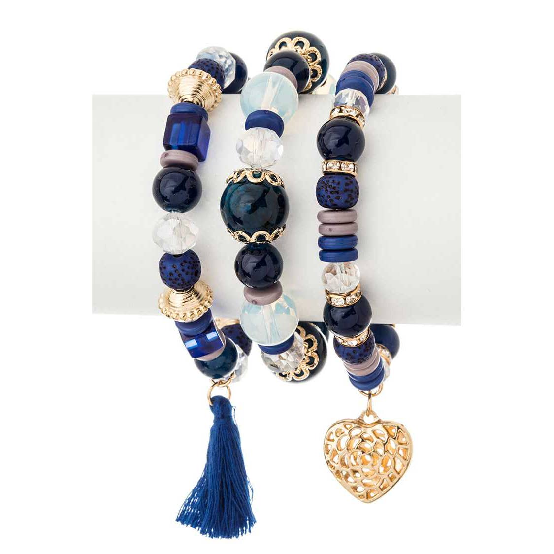 Artini Accessories - Heart Charm Stretch Bracelet Set: Black