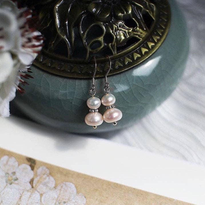 Haengseongworkshop - Silver Dangle Chinese Style Hulu 4mm 6mm AAA button Pearls Flower Cap Bead  QiPao Earrings