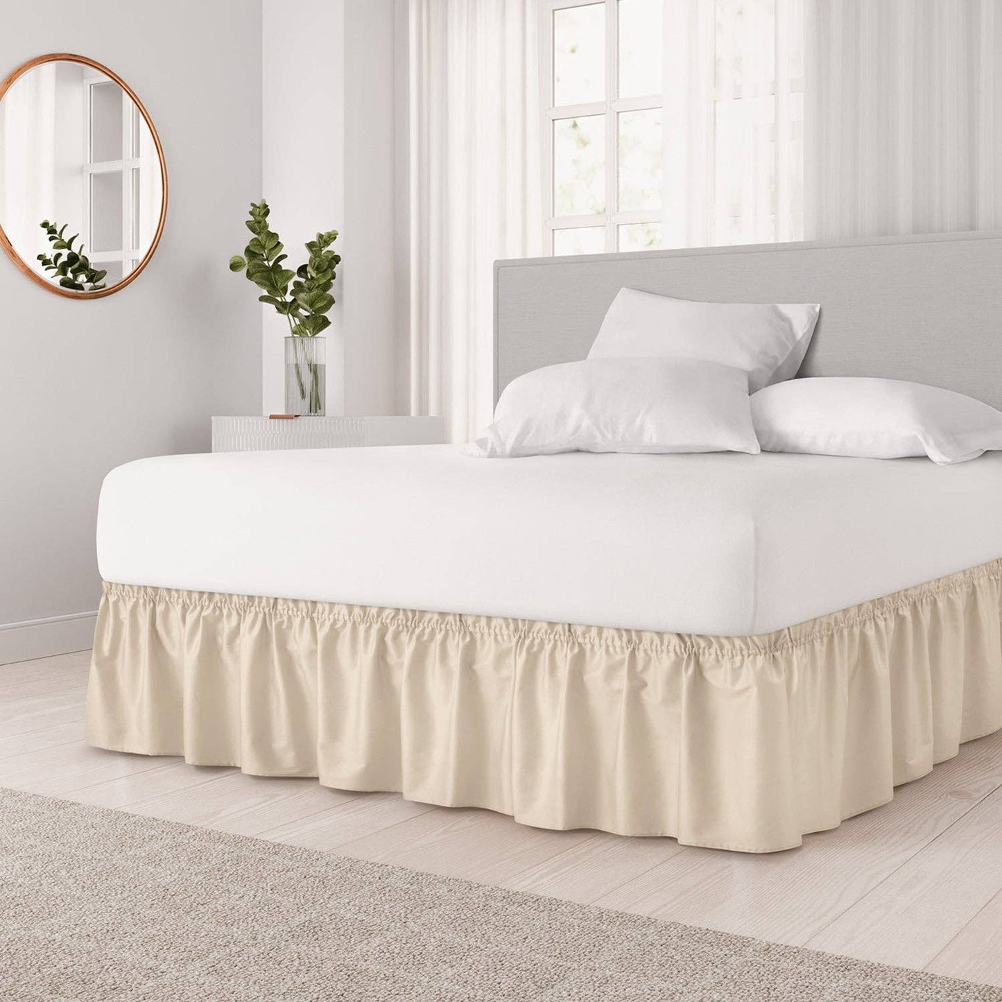 CGK Unlimited - Elastic Wrap-Around Dust Ruffled Bed Skirt- Pleated 15" Drop: Beige / Queen