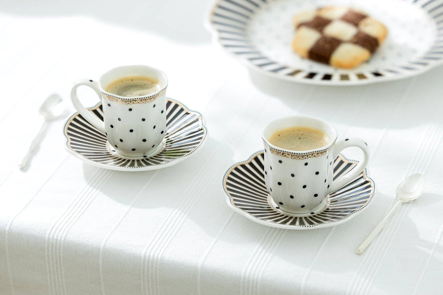 Grace Teaware - Black Josephine Stripes Dots 2oz Demitasse Cups and Saucers