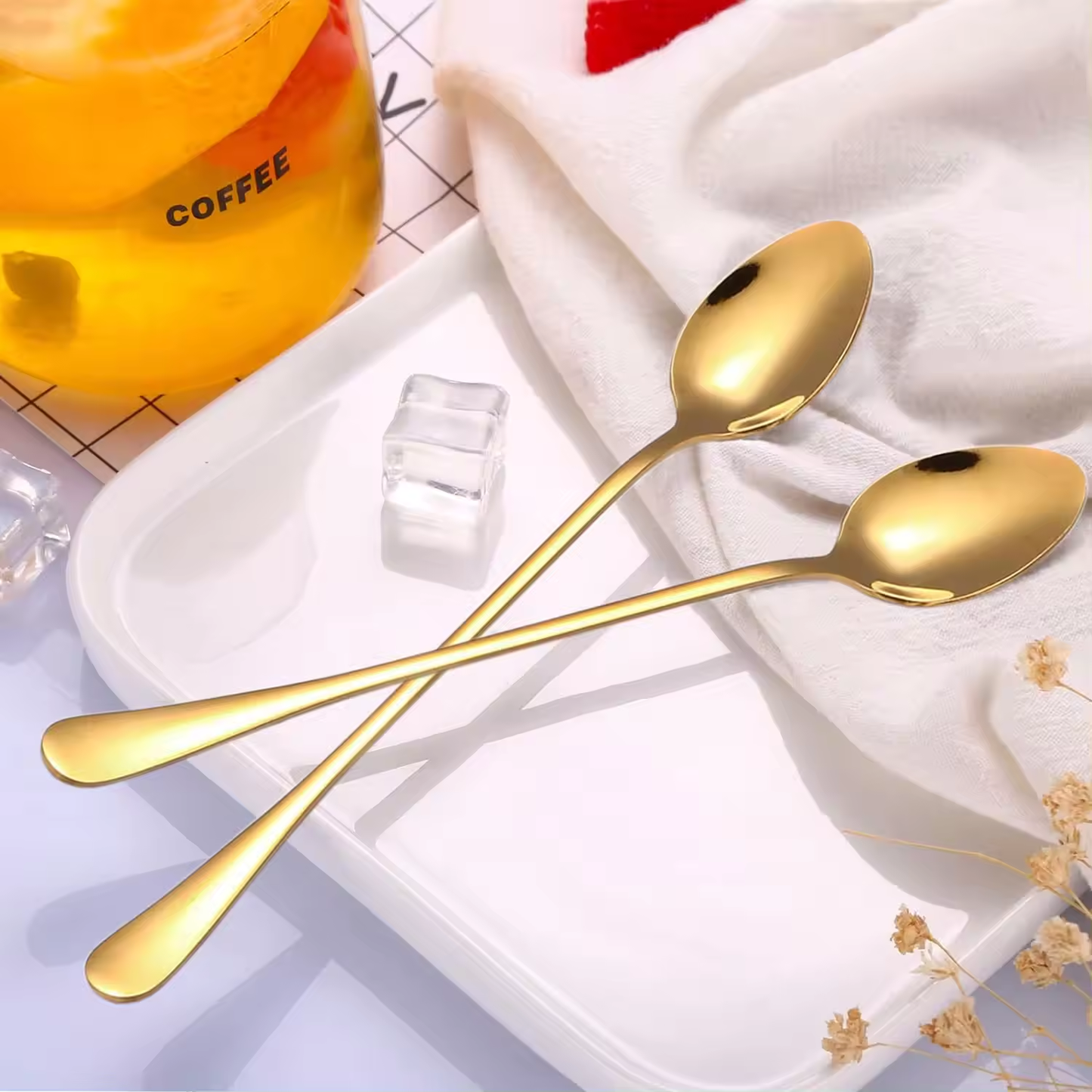 Sostraw & SmartThings - Long Spoon - 2 shapes - 4 colors - Coffee, Tea, Ice cream: Rose Gold / Pointed Head