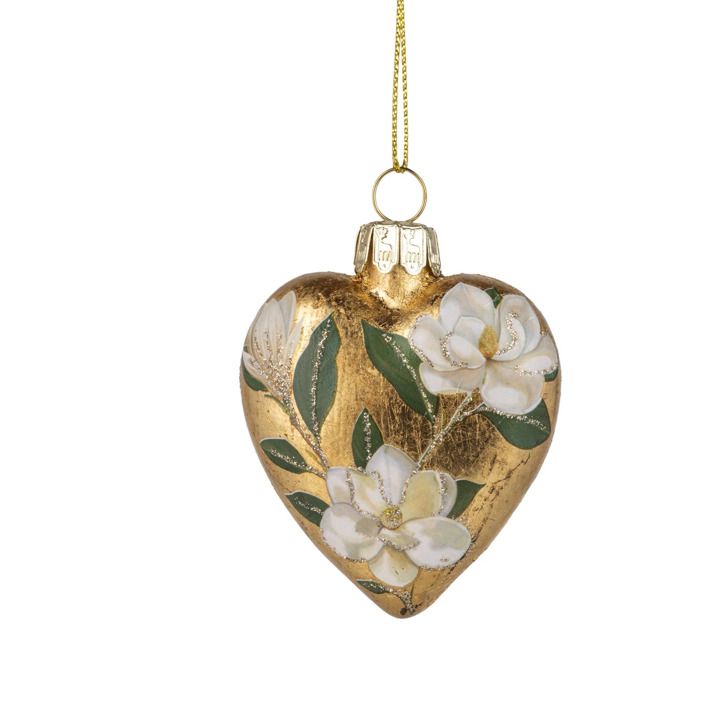 Silver Tree Home & Holiday - G74245-Glass heart orn,gld foil finish/magnolia print,2.5 in