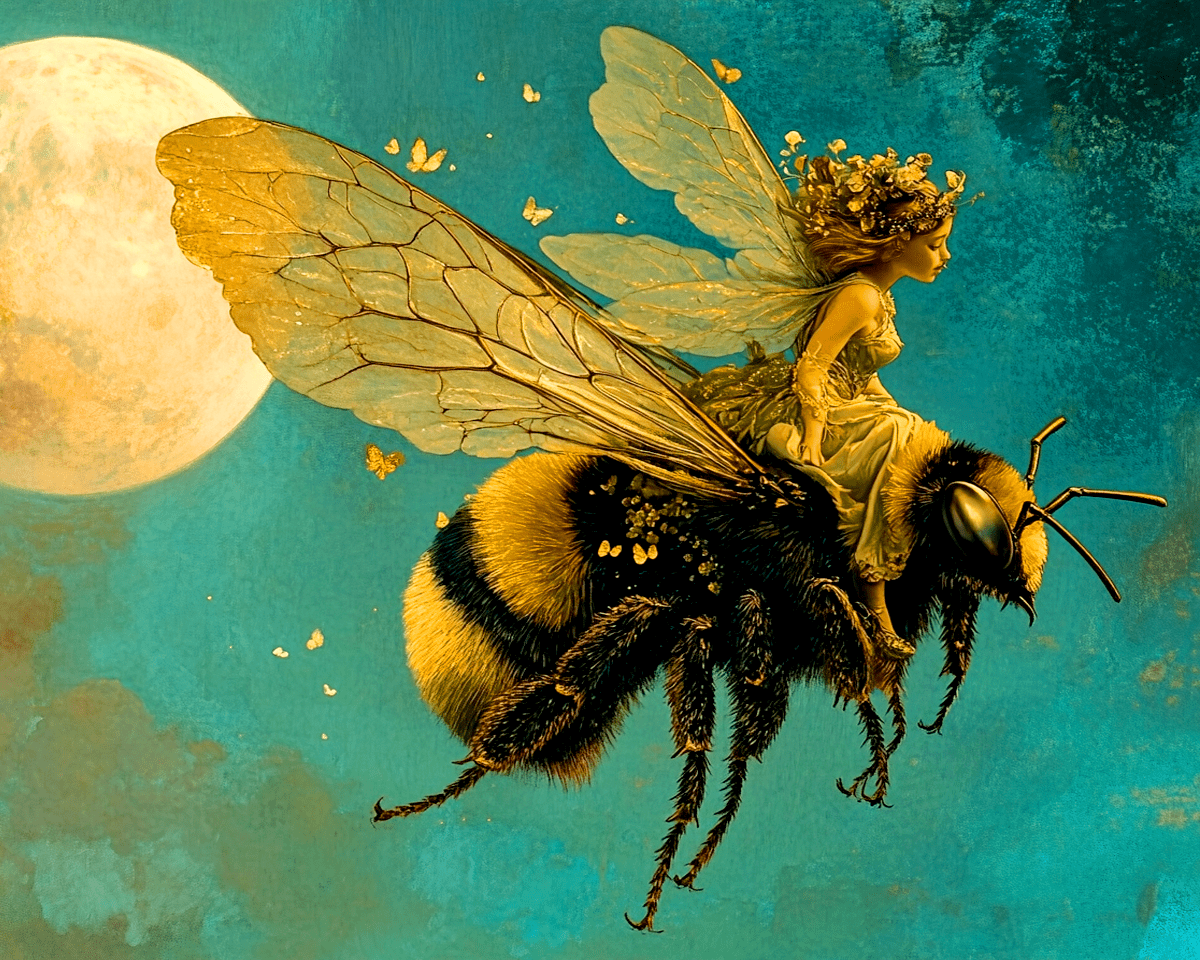 Mowbi - Fairy Riding Bumble Bee - Fairies Wall Art Prints – 8″x10″ Artwork for 11″x14″ Frame