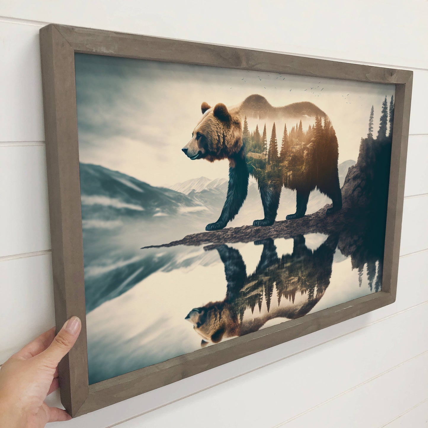 Hangout Home - Bear Double Exposure - Cabin Wall Art - Wood Framed Photo: 24x36" Extra Large Canvas Art with Thick Wood Frame