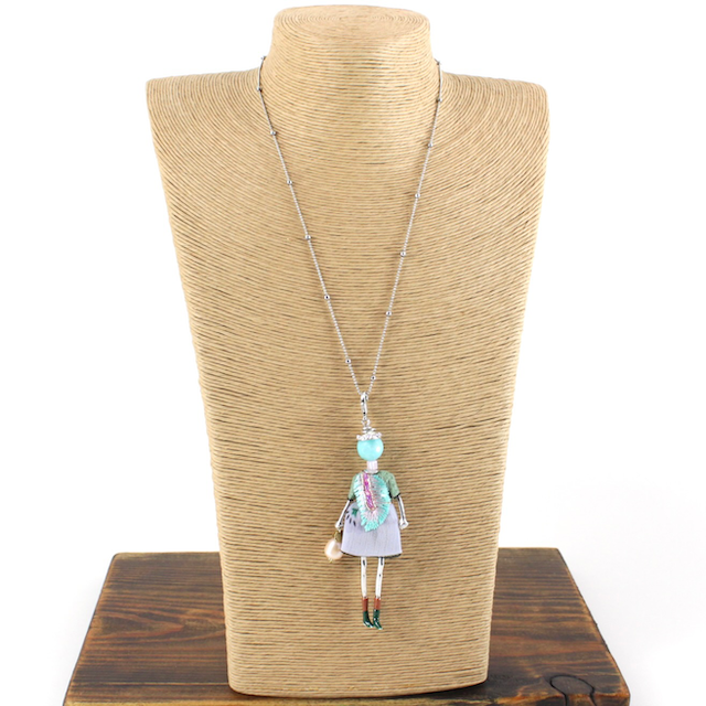 Pretty Persuasions - N23188D Stone Adorned French Doll Stainless Steel Necklace: 03 Teal Sequins