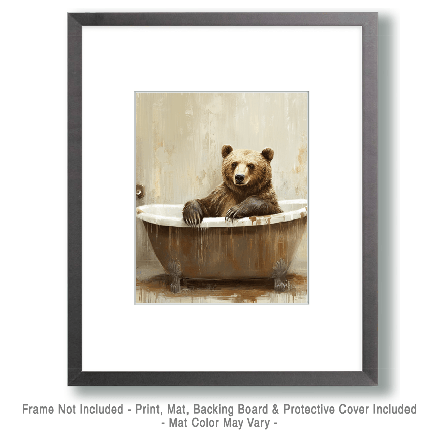 Mowbi - Big Bear in Bathtub - Bathroom Wall Art Prints – 8″x10″ Artwork for 11″x14″ Frame