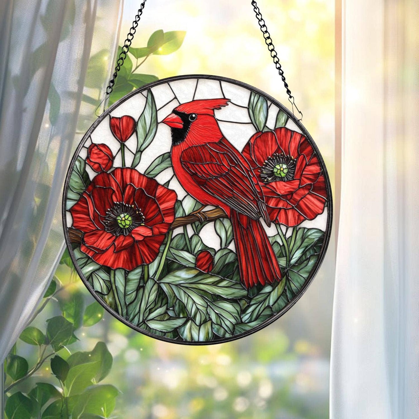 NVC Ecommerce LLC - Cardinal and Red Poppy Suncatcher, Floral Ornament: 11.8in