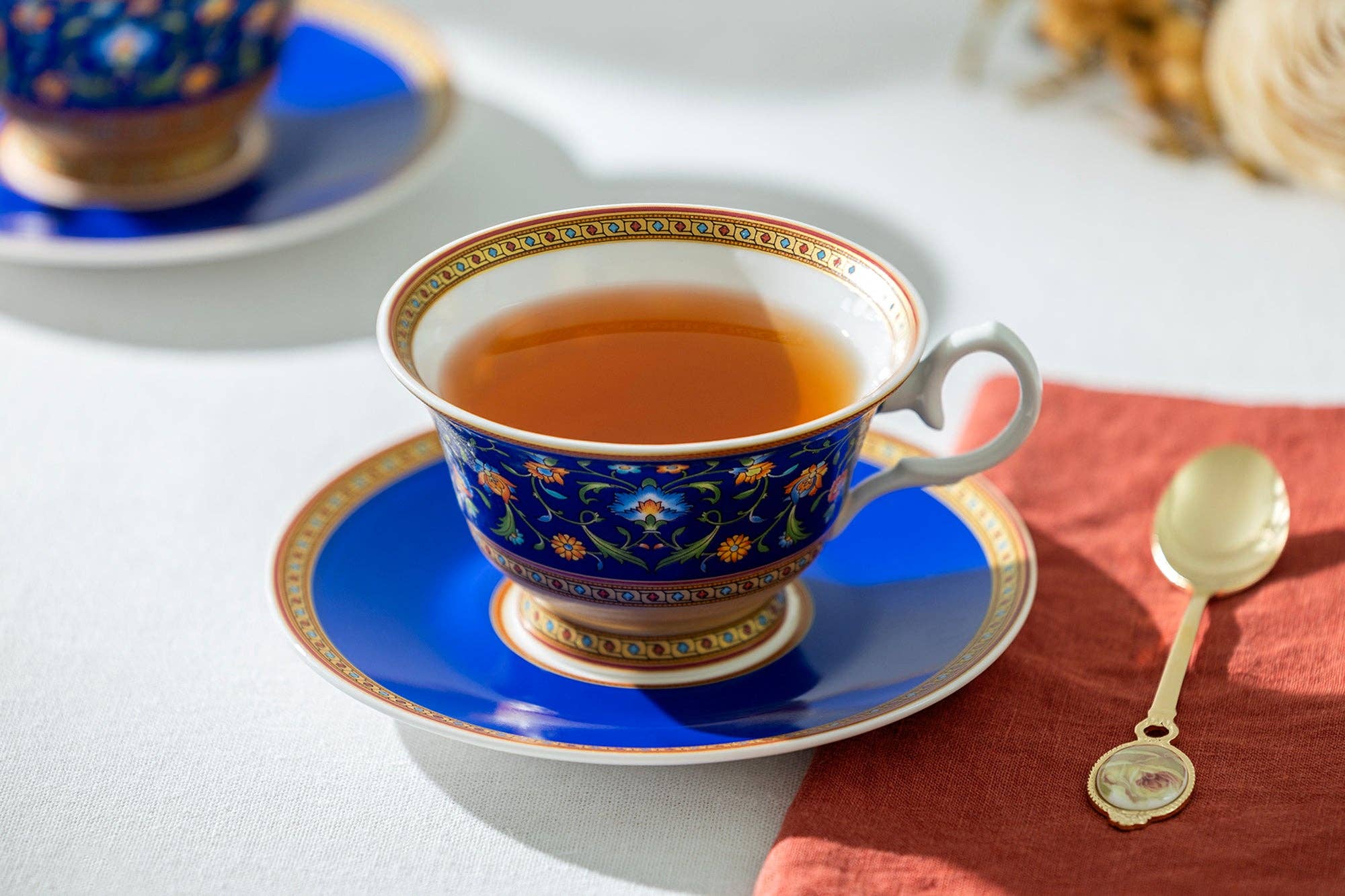 Royal Blue Floral Bone China Tea Cup and Saucer - Thumbnail 5