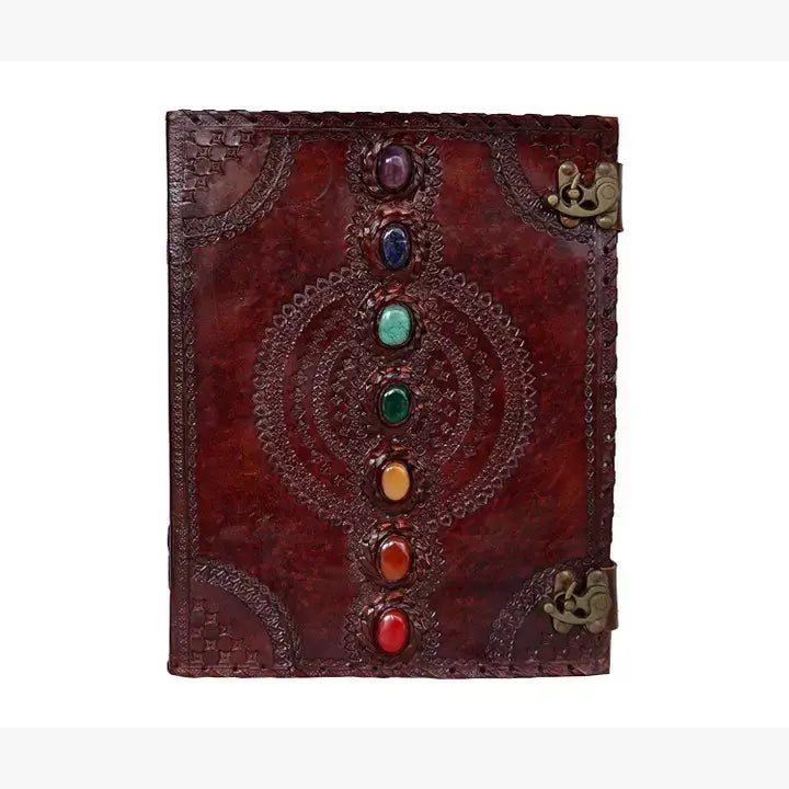Tuzech Leather - Tuzech Handmade Vintage Seven Chakra Stone Embossed Diary: Brown / 10 x 7 inch / Unlined