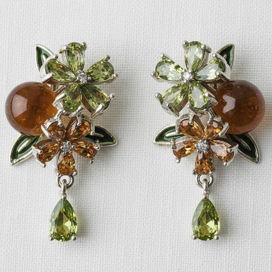 Ellemadera - Vintage Inspired Cubic Zirconia Flower Tassel Earrings