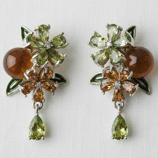 Ellemadera - Vintage Inspired Cubic Zirconia Flower Tassel Earrings