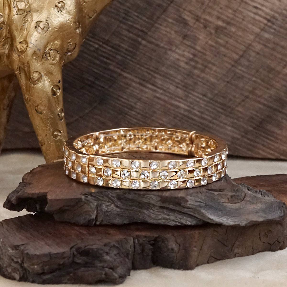 PennyLine inc - Luxe Check – Checker Crystal Stretch Bangle: Gold - Clear