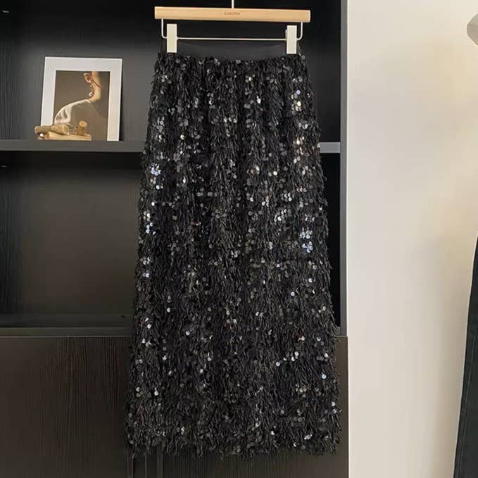 PEACH ACCESSORIES - Sequins Fringe Midi Skirt SK1199: Black