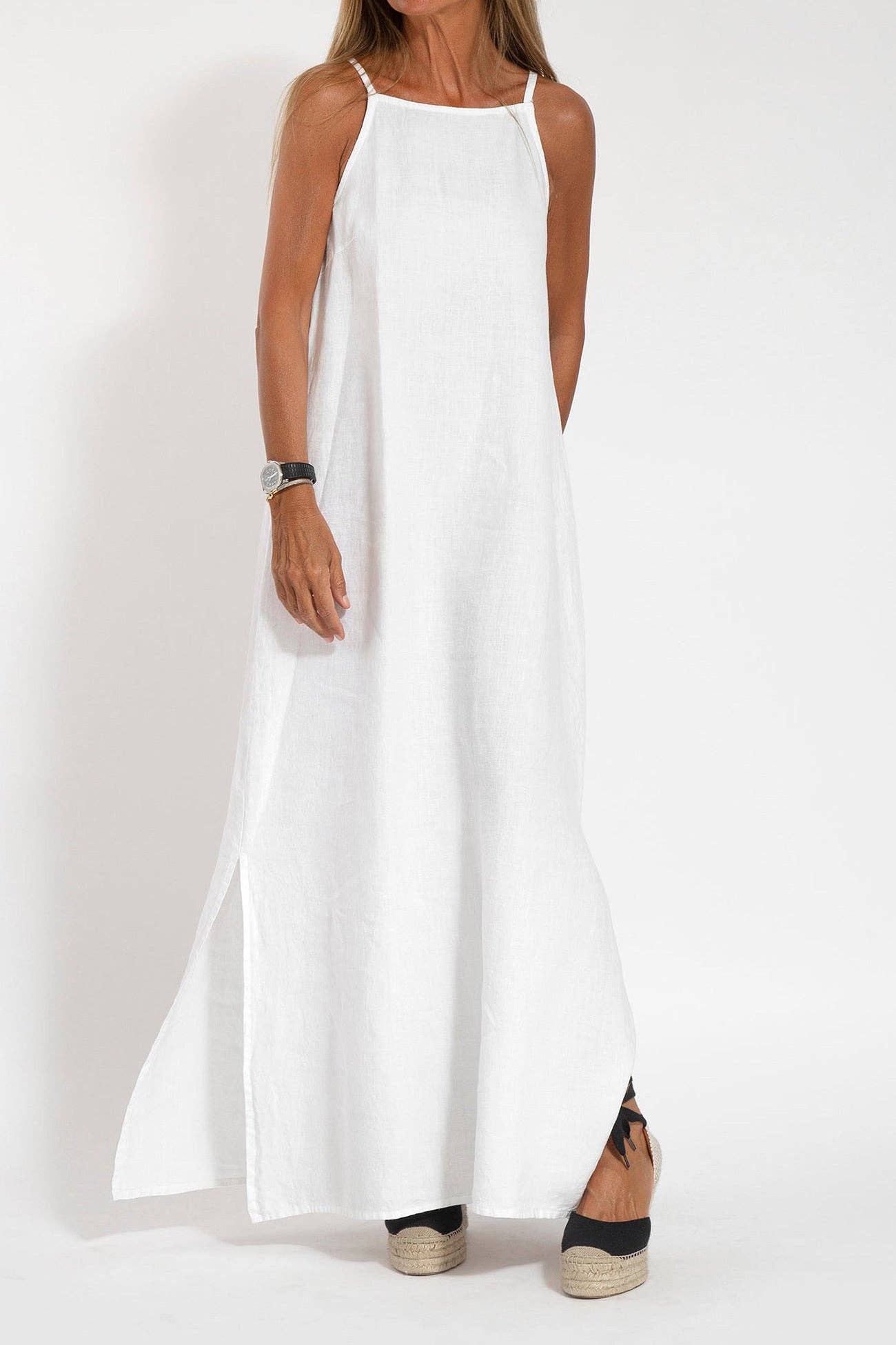 Elanora - Cotton Linen Slit Cami Dress: White / XL