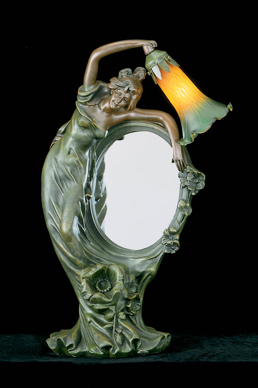 AA Importing - Art Nouveau Lady w/ Mirror Table Lamp with Lily Shade