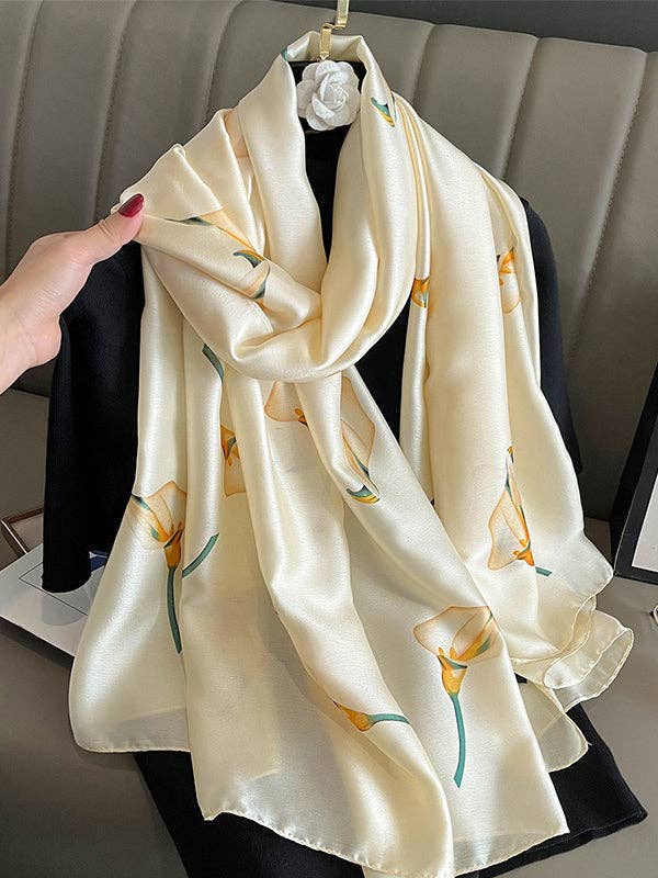 UZ Wholesale Store - Silk Imitation Flower Print Scarf: BEIGE / One_size