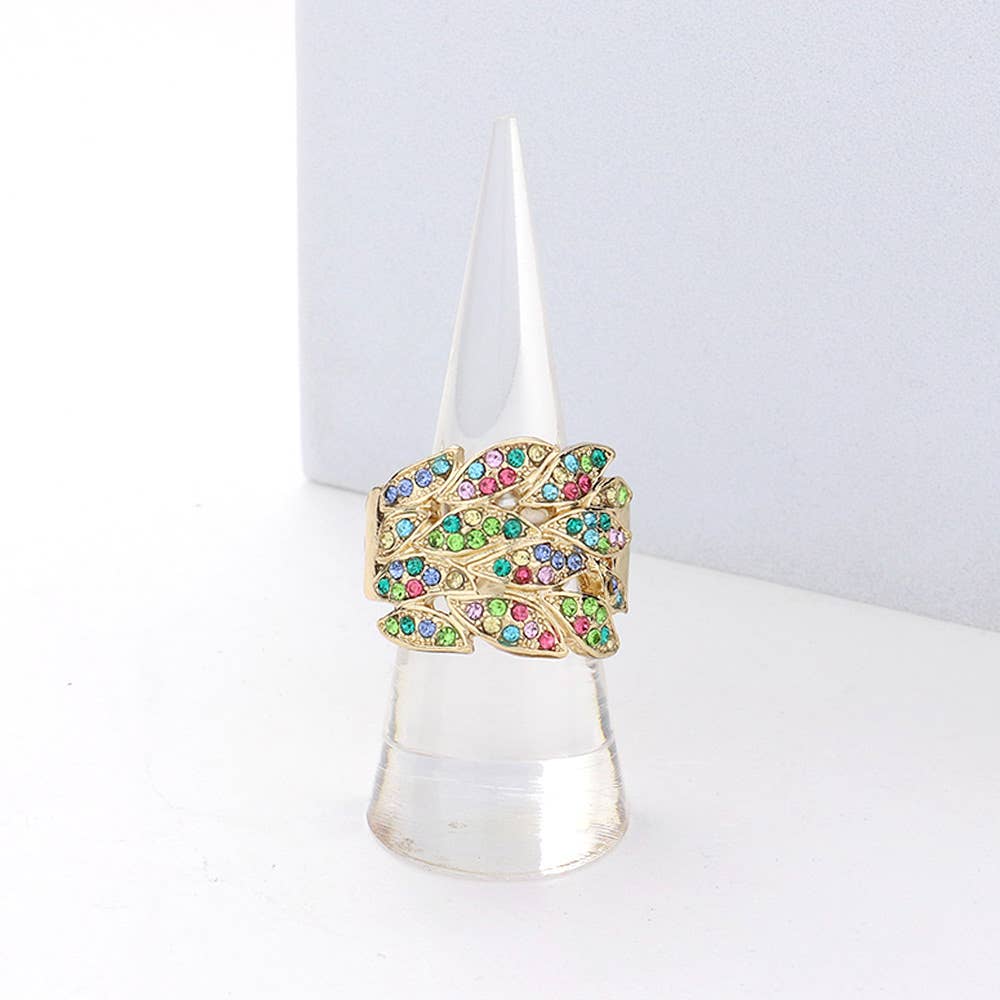 Wona Trading, Inc. - Stone Paved Leaves Stretch Ring: Gold