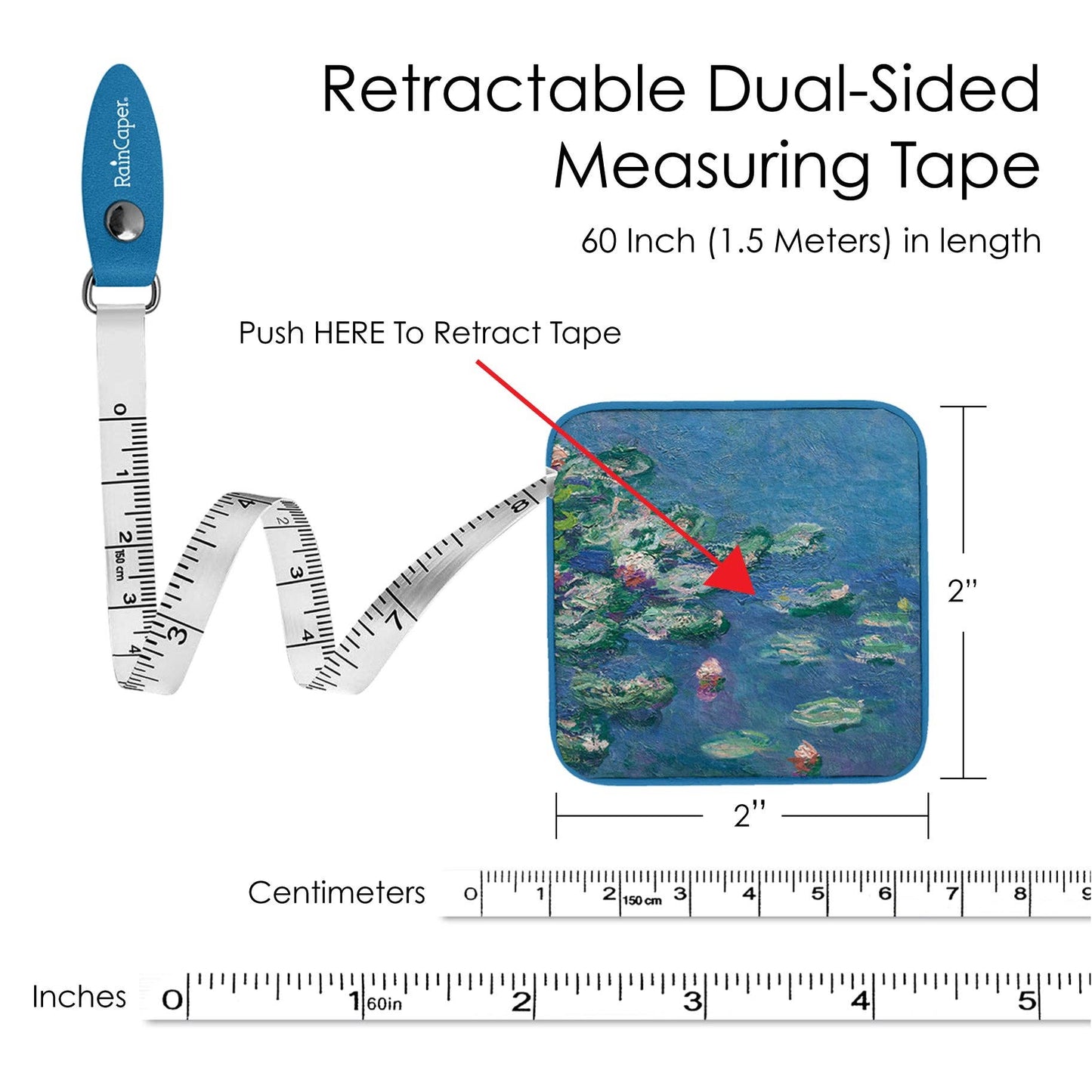 RainCaper - Monet "Water Lilies" Compact Retractable Tape Measure – Dual-Sided, 60"/150cm
