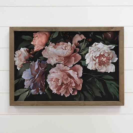 Hangout Home - Peonies Dark Still Painting - Framed Canvas Wall Art Print: 24x36" Extra Large Canvas Art with Thick Wood Frame