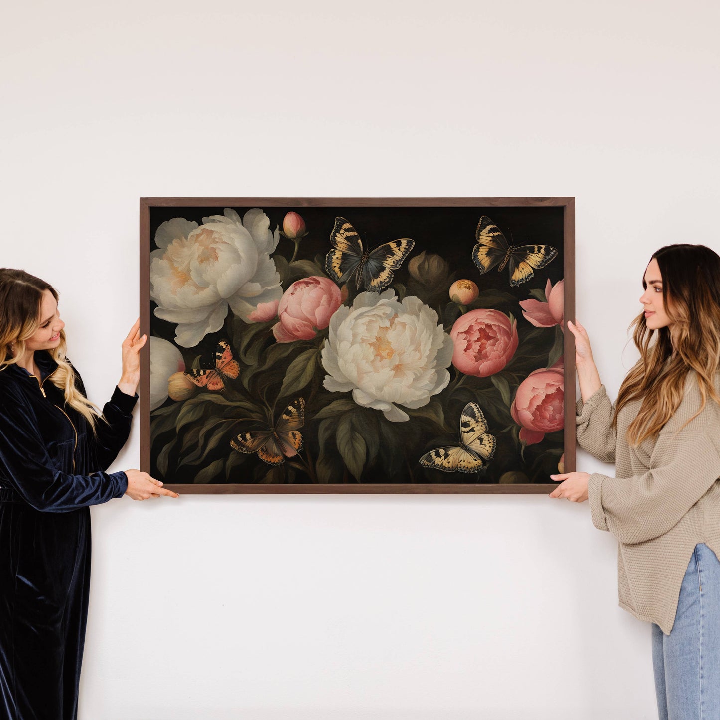 Hangout Home - Peonies Butterfly - Nature Canvas Art - Wood Framed Florals: 24x36" Extra Large Canvas Art with Thick Wood Frame