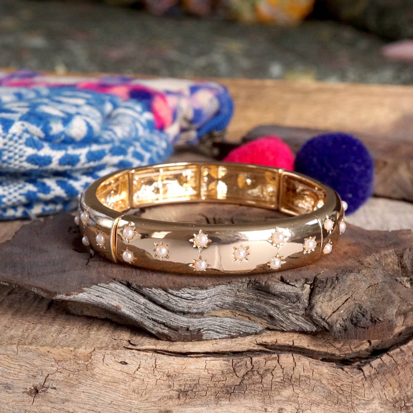 PennyLine inc - Gold-Tone Eternity Stretch Bangle – Pearls, Turquoise, or Crystals: Skinny - Clear Crystals