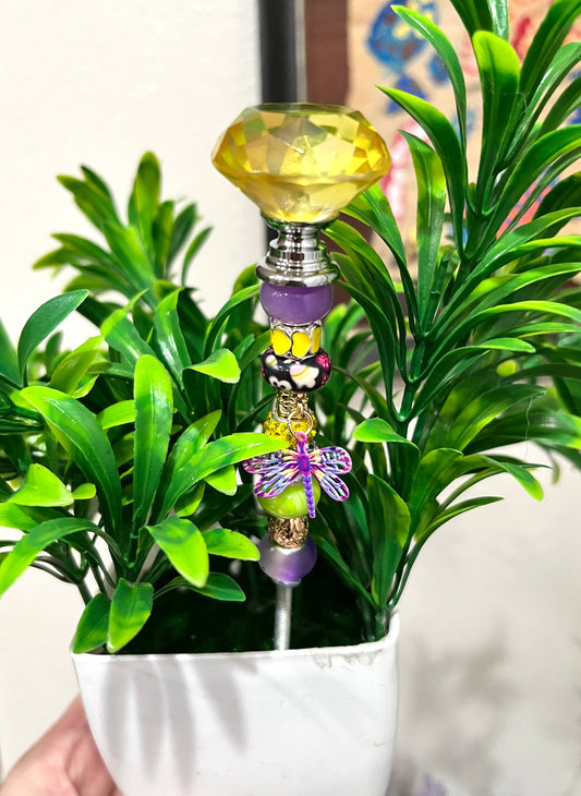 Sea of Bliss Shop - Fairy Garden Plant Stakes, Sun Catcher, Handcrafted: Yellow / No Charm / 13 inch